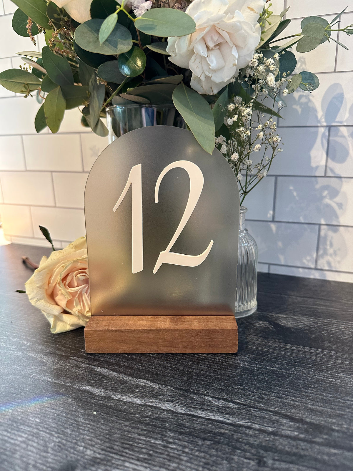 Arched Wedding Table Number Markers - Set of 1 through 13 - Walnut Bases - Special Occasion