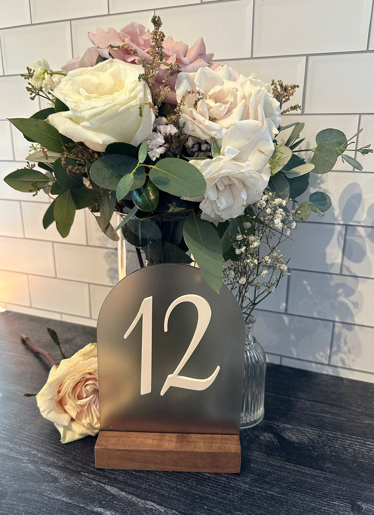 Arched Wedding Table Number Markers - Set of 1 through 13 - Walnut Bases - Special Occasion