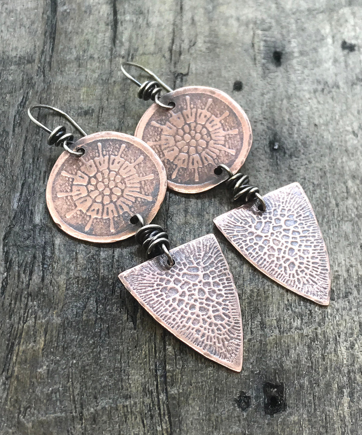 Patterned Copper Flower Earrings - Sterling Ear Wires - Handmade - CB&CO
