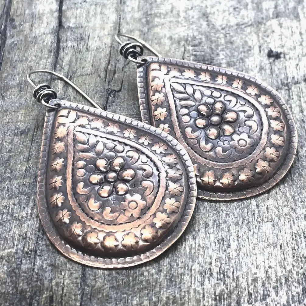 Copper & Sterling Embellished Teardrop Earrings - Handmade