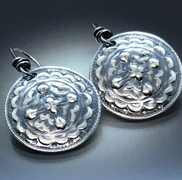 Sterling Silver Raised Floral Disc Earrings -  Handmade - CB&CO