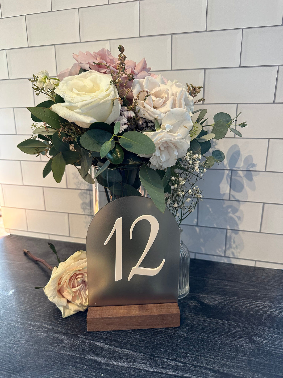 Arched Wedding Table Number Markers - Set of 1 through 13 - Walnut Bases - Special Occasion