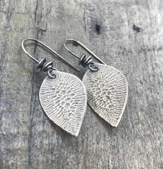 Textured Sterling Leaf Earrings - Handmade - CB&CO